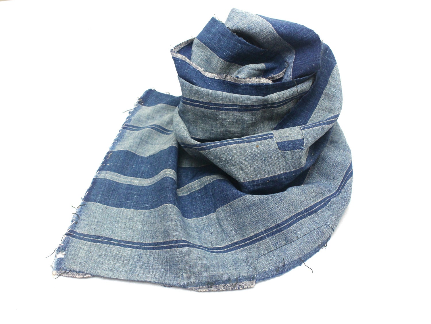 Japanese Artisan Hand Loomed Ikat. Vintage Cotton Scarf. Striped Indigo
