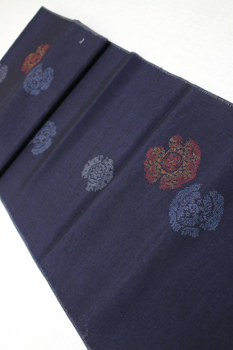 Japanese Ikat Silk. Japanese Silk. Pongee. Tsumugi. Hand Loomed. Hand Made. Kimono Fabric. Navy Blue Silk. Vintage Silk. Woven Silk Fabric. image 2