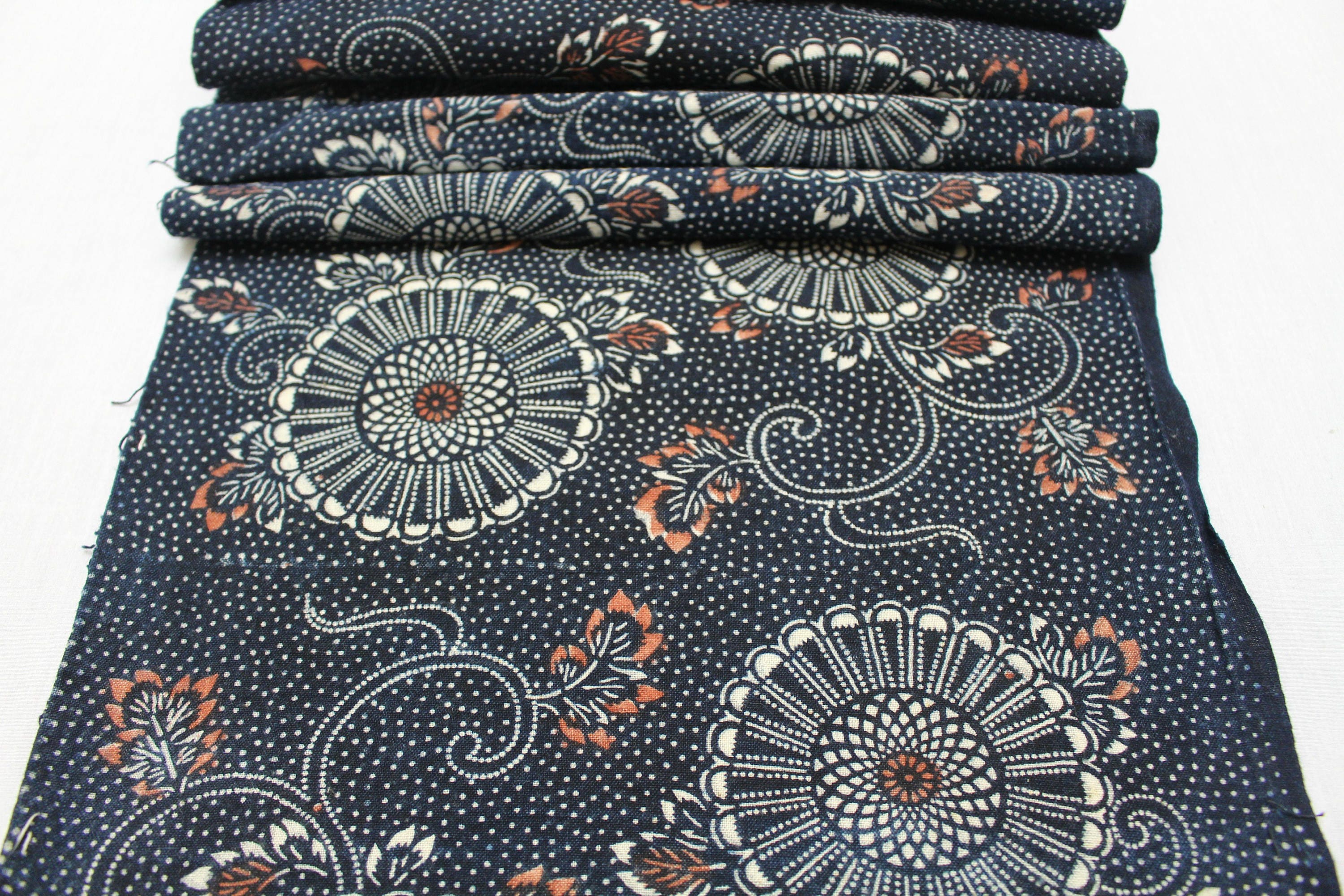 Japanese Katazome Cotton. Boro Textile. Natural Indigo Stencil Dyed