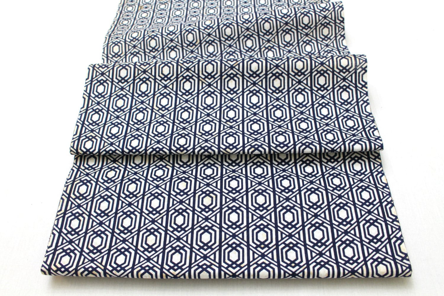 Japanese Vintage Yukata Cotton Fabric. Blue and White Geometric Design