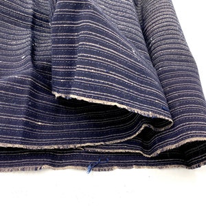 May include: Close-up of a folded fabric with a navy blue background and white horizontal stripes. The fabric has a raw, unfinished edge. The material is bunched up, showing the texture and pattern of the textile.