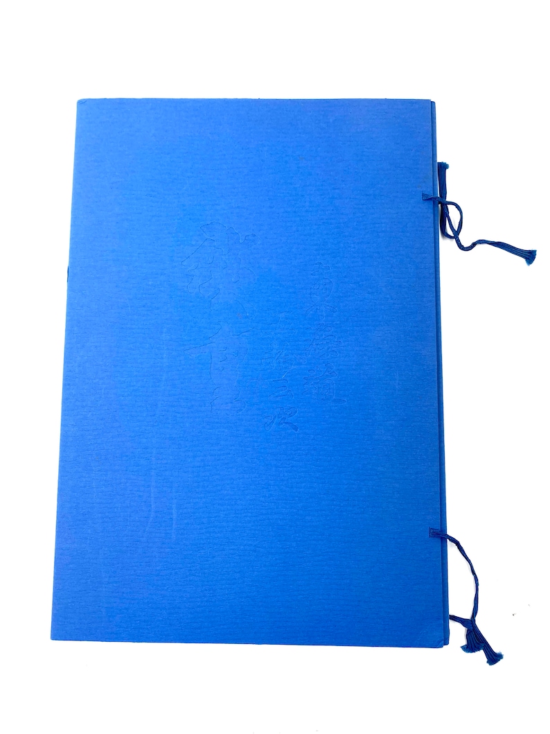 May include: A blue document folder with embossed floral designs and a textured surface. The folder is secured with a dark blue tassel tie on the right side. The folder is rectangular and has a simple design.