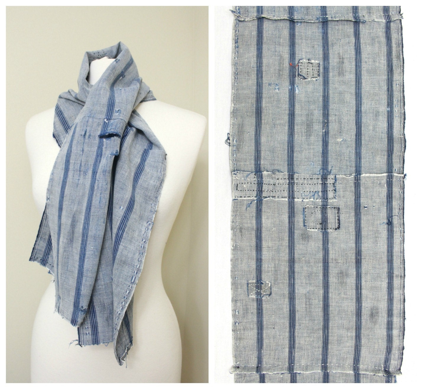 Japanese Artisan Hand Loomed Ikat. Vintage Cotton Scarf. Striped Indigo