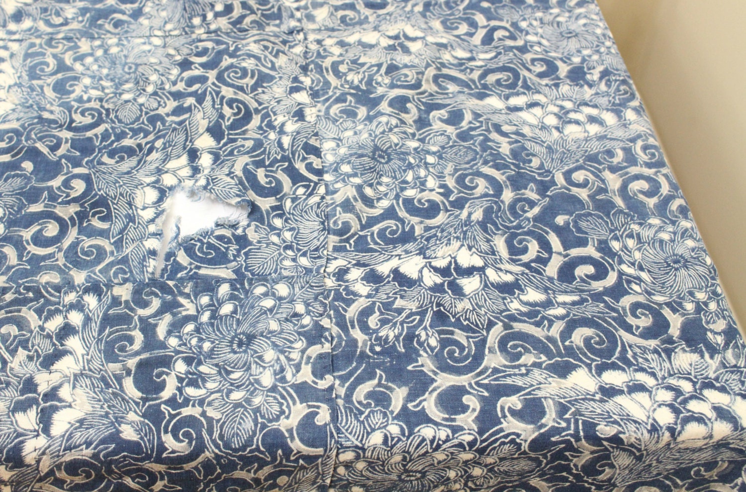 LARGE Antique Japanese Boro Textile. Handwoven Katazome Cotton. Natural