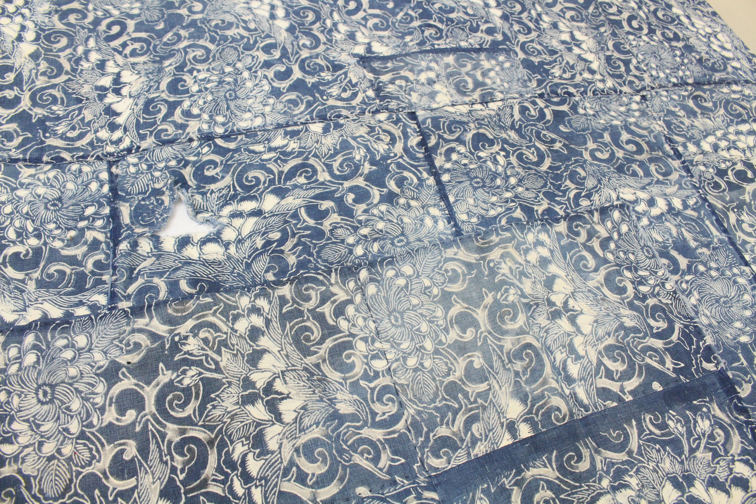 LARGE Antique Japanese Boro Textile. Handwoven Katazome Cotton. Natural