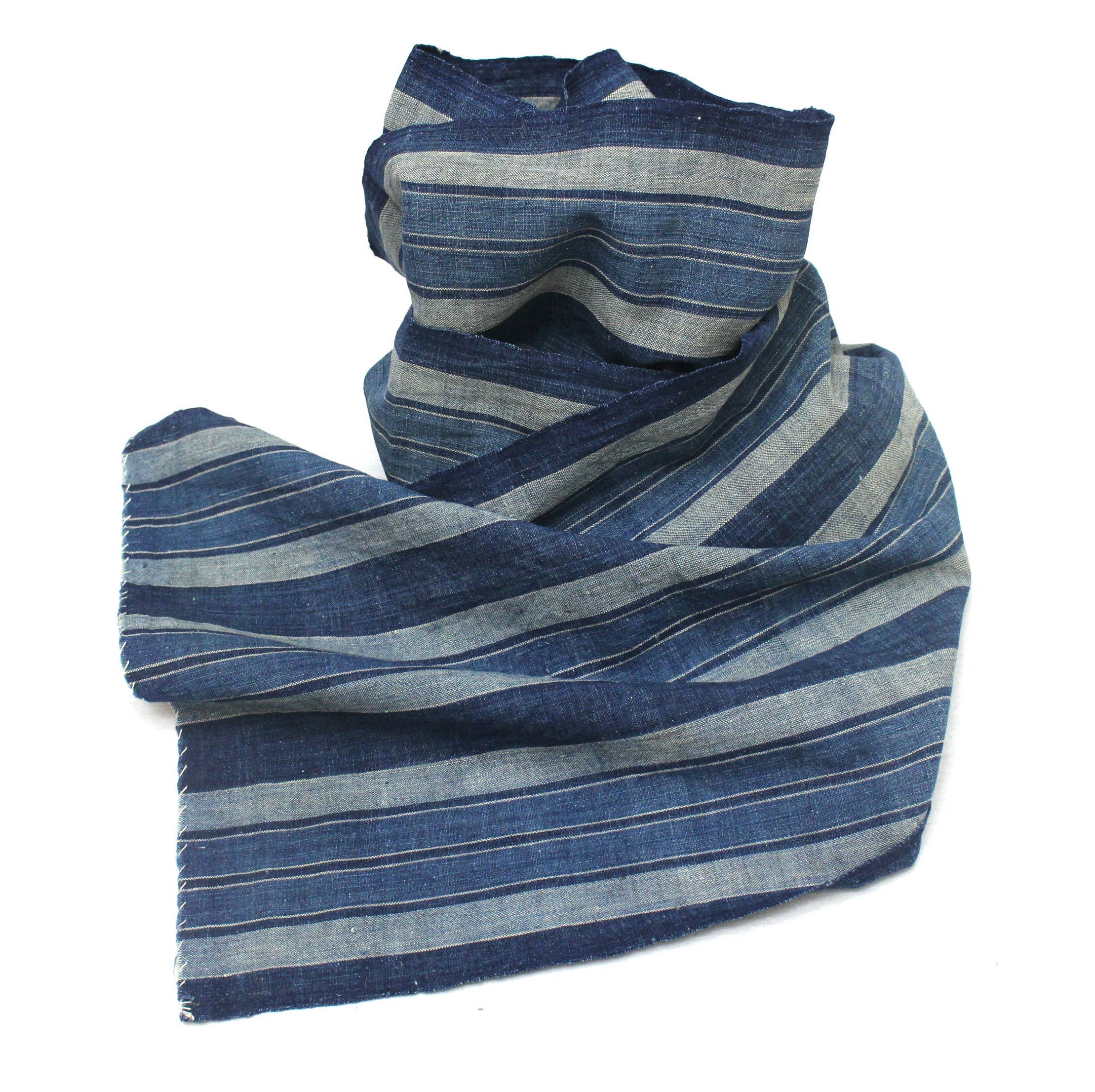 Japanese Artisan Hand Loomed Ikat. Vintage Cotton Scarf. Striped Indigo