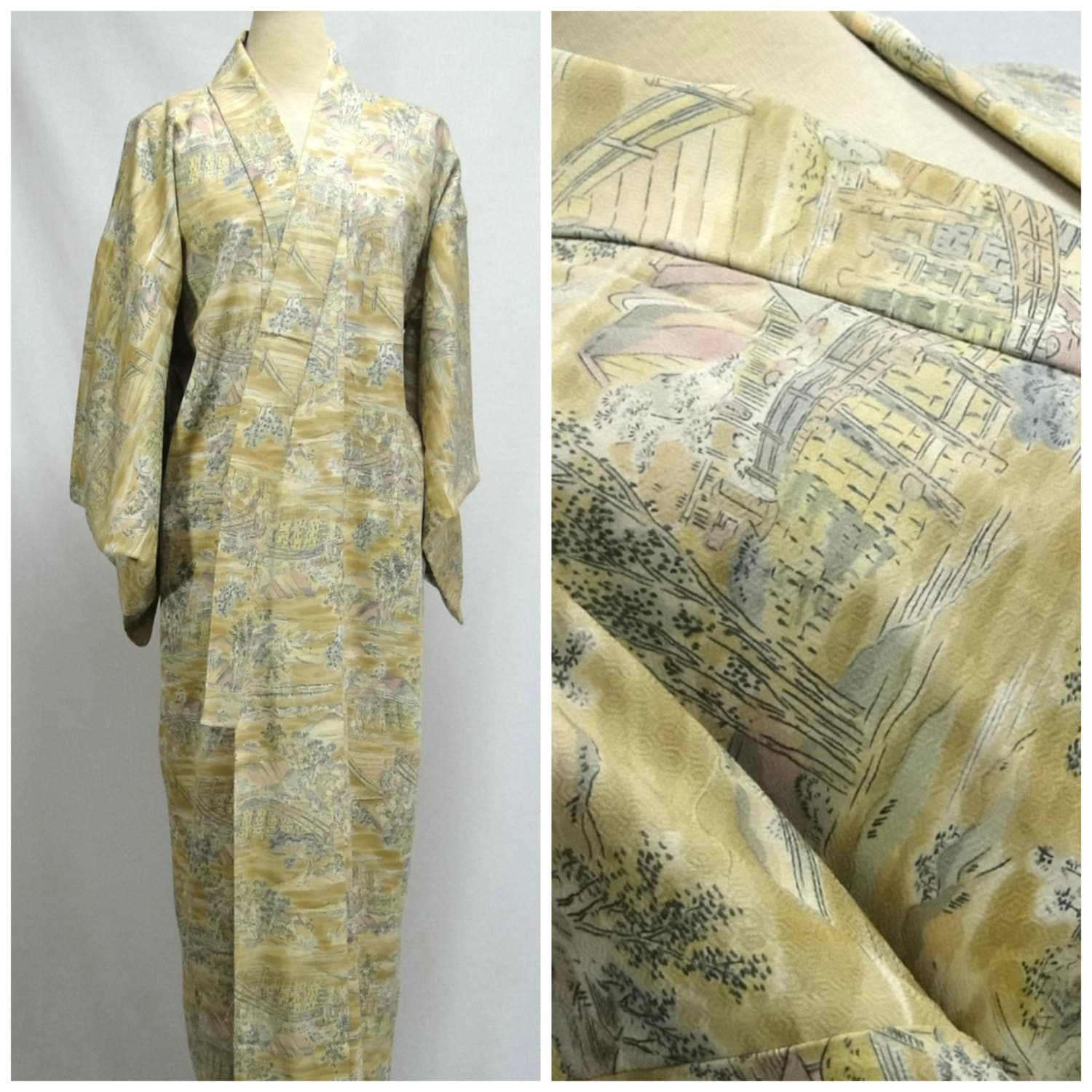 Yuzen Hand Painted Silk Kimono. Japanese Robe. Fine Scenic Design. (Ref
