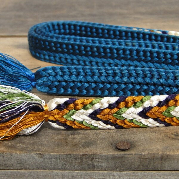 Obijime. Japanese Cord for Tying Obi. Woven Silk Tie Belt. Blue White Multi Coloured (Ref: 305)