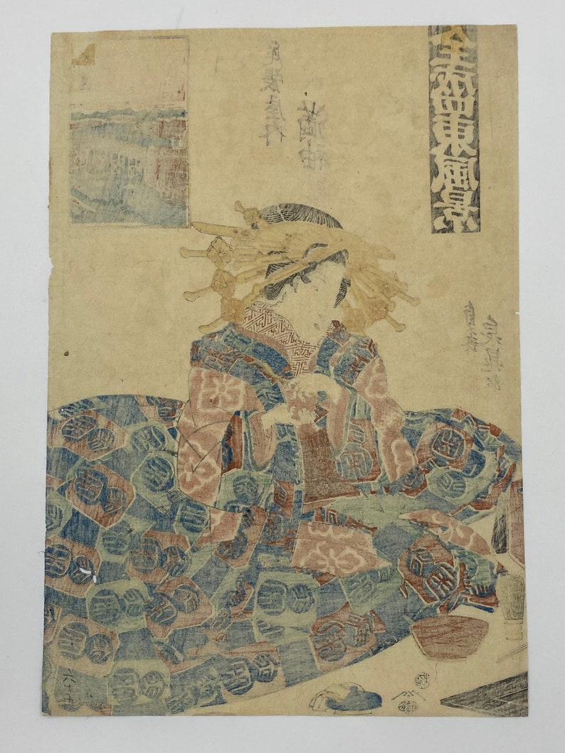 Sencho Teisai 1815-1842 Original Japanese Edo Ukiyo-e Woodblock Print. Courtesan Tea Ceremony in Edo Japan. image 9