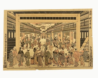 Torii Kiyomitsu (1735 - 1785). Shin Yoshiwara no Zu (Red Light District). Original Japanese Ukiyo-e Woodblock Print