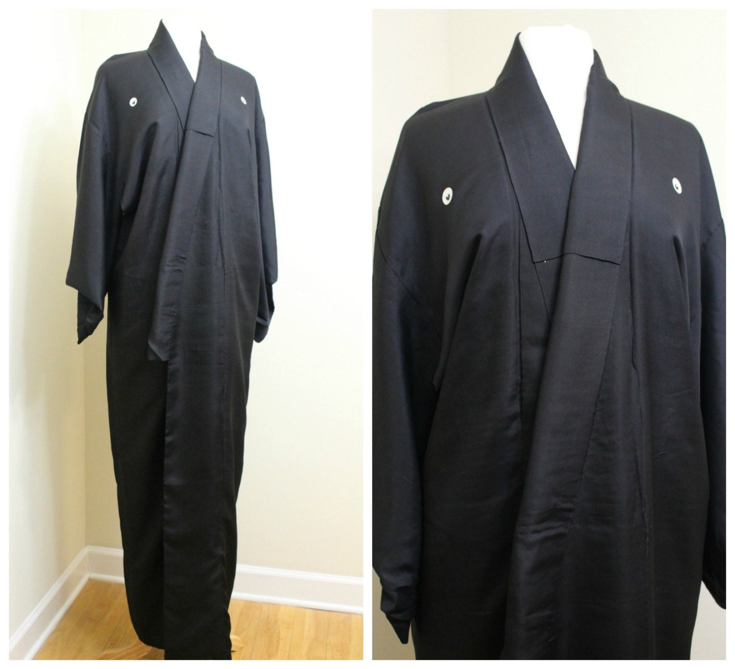 Japanese Vintage Silk Kimono. Black Lined Robe With Kamon / Mon design (Ref 039)