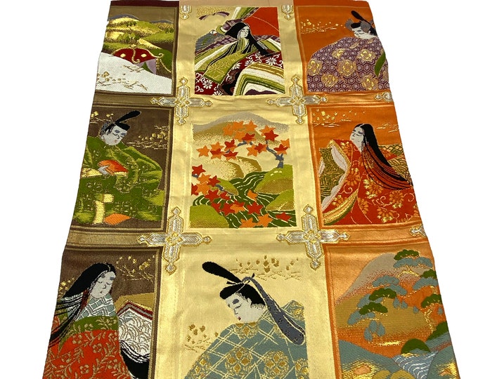 Japanese Obi Fabric. Embroidered Wall Art. Obi Wall Hanging. Hand Woven Brocade. Edo Era Art. Gold floral Table Runner. Placemat.