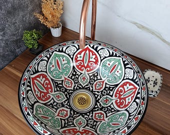 Pia marroquina artesanal - Bacia de cerâmica - Faiança pintada à mão - Móvel de banheiro feito à mão - Pia redonda