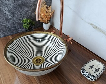 Moroccan Hand-Painted Ceramic Sink –  Vessel Basin with Brass Rim - Bathroom Vanity Artisanal Washbasin