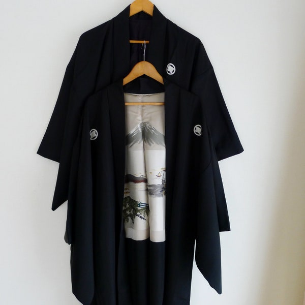 2 pieces set! Men silk Kimono ensemble, vintage kimonos from Japan, Montsuki