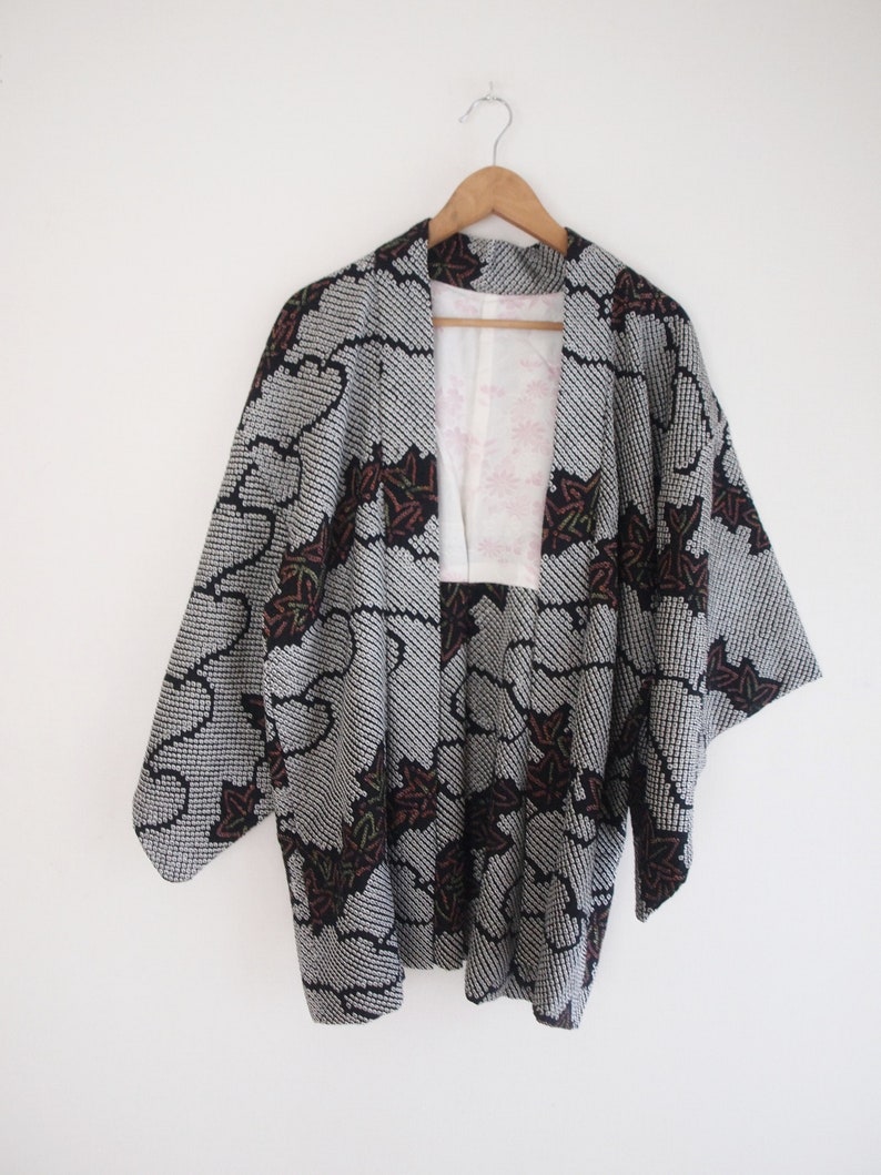 MOMIJI Black shibori Kimono jacket with a hand dyed maple leaf | Etsy