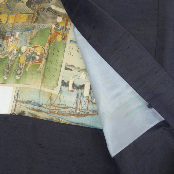 Silk pongee kimono jacket, indigo blue japanese ja