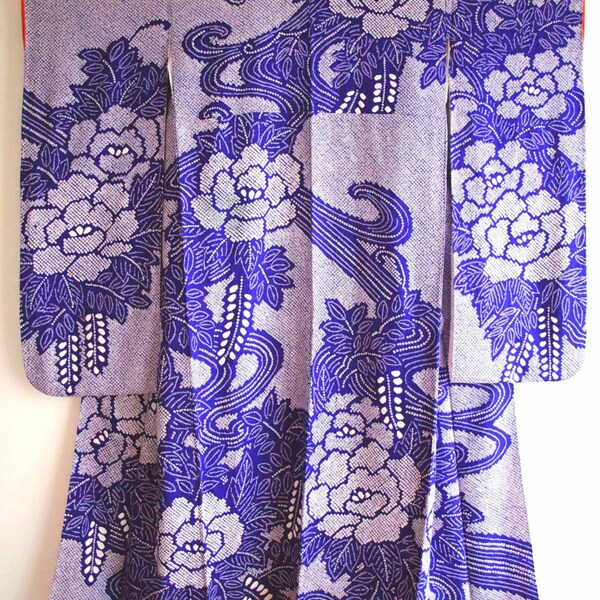 Furisode Full shibori, Formal Kimono for a young woman, Kimono robe, Damask Silk, Peony Flowers and Wisterias, Botan and Fuji, LaKimonoya