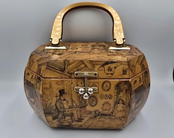 Vintage Anton Pieck decoupage octagonal handbag with wooden handle.