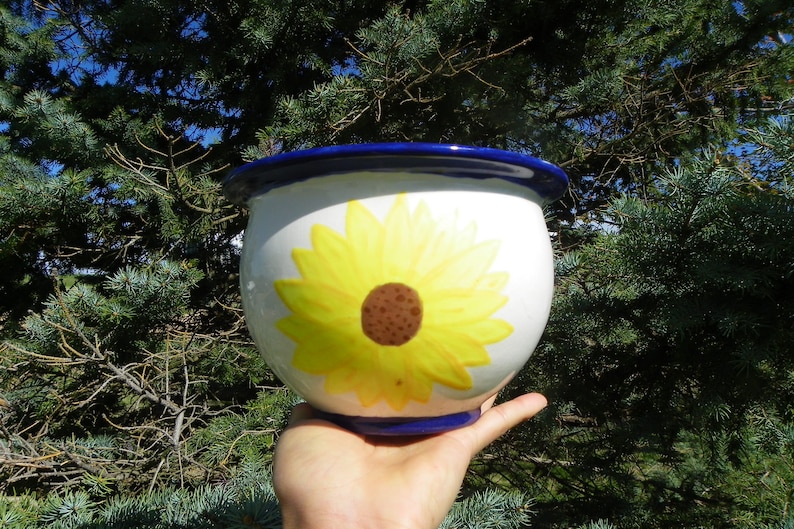 Brown Yellow Flowers Garden Cute Chic USA Vintage \u2022 Retro Crackle High Gloss Glazed Floral Sunflower Hand Painted Planter Pot