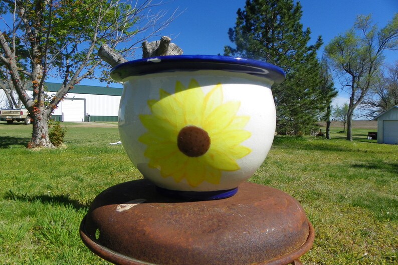 Brown Yellow Flowers Garden Cute Chic USA Vintage \u2022 Retro Crackle High Gloss Glazed Floral Sunflower Hand Painted Planter Pot