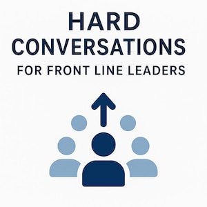 Può includere: Grafica con il testo "JM LEADERSHIP SERIES" in alto, seguito da "HARD CONVERSATIONS FOR FRONT LINE LEADERS". Sotto il testo c'è un'illustrazione blu scuro di un gruppo di persone con una freccia rivolta verso l'alto.