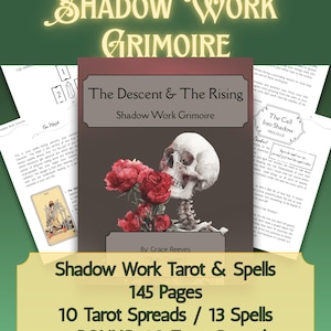 Może przedstawiać: Książka zatytułowana "Shadow Work Grimoire" z podtytułem "The Descent & The Rising". Okładka przedstawia czaszkę, czerwone róże i tekst "Shadow Work Tarot & Spells". Zawiera 145 stron, 10 rozkładów tarota, 13 zaklęć i 20 dodatkowych rozkładów tarota.