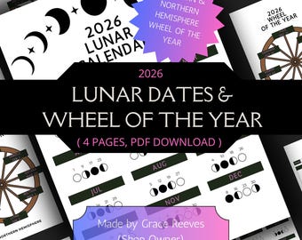 2026 Lunar Phases & Wheel of the Year - 4 Pages - US Letter | A4 | A5 - Downloadable | Printable