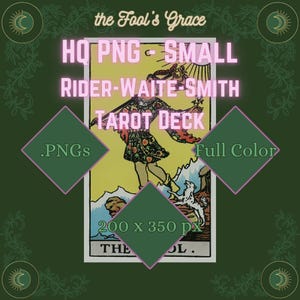 Peut inclure: Carte de tarot Rider-Waite-Smith avec une figure colorée, un chien blanc et un paysage de montagne. La carte est intitulée "THE FOOL" et contient le texte "HQ PNG - SMALL TAROT DECK".