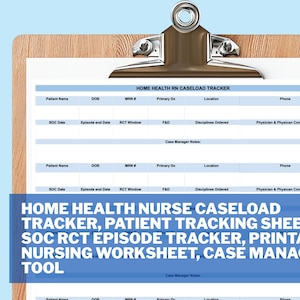 Może przedstawiać: Klip z białym dokumentem zatytułowanym "HOME HEALTH RN CASELOAD TRACKER". Dokument zawiera pola na informacje o pacjencie i dane śledzenia. Widoczna ikona PDF. Tekst na dole brzmi: HOME HEALTH NURSE CASELOAD TRACKER, PATIENT TRACKING SHEET.