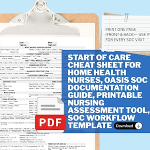 Puede incluir: Un portapapeles con un formulario médico y una pancarta azul con texto blanco que dice "START OF CARE CHEAT SHEET FOR HOME HEALTH NURSES". Un icono PDF es visible. Una pequeña nota dice "IMPRIMA UNA PÁGINA (DELANTERA Y TRASERA) - ÚSELA PARA CADA VISITA SOC."