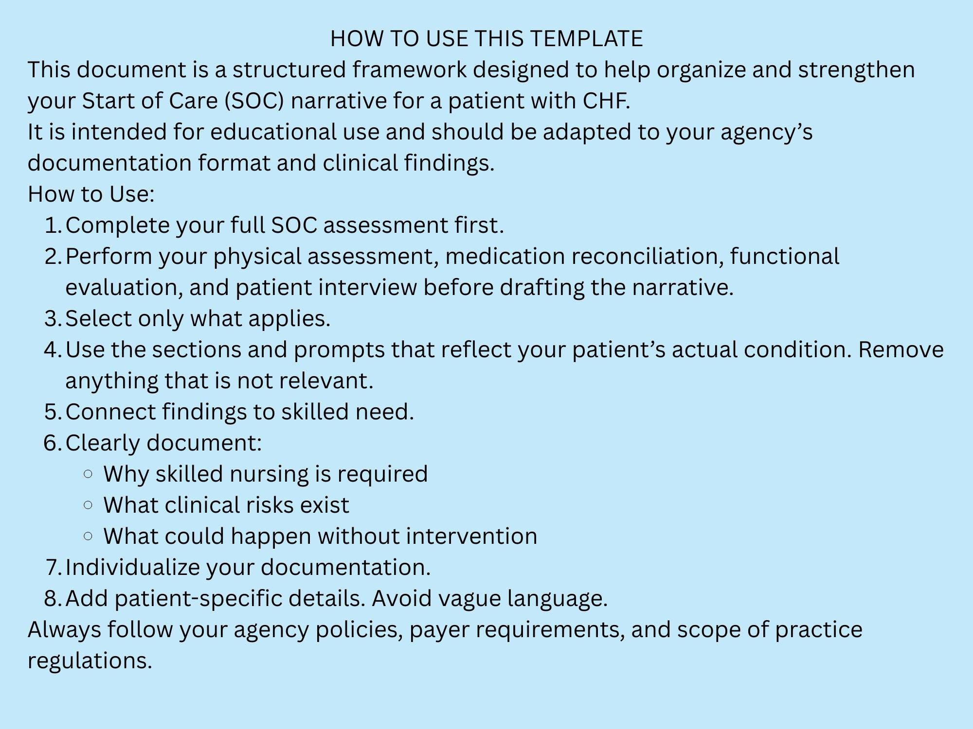 CHF OASIS Start of Care (SOC) Narrative Template for Home Health ...