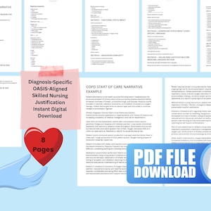 May include: Digital download of a COPD Start of Care Narrative template and example, with OASIS-aligned skilled nursing justification. The image includes a red heart with "8 Pages" and a PDF file download button.
