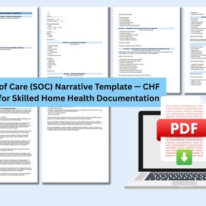 May include: A laptop displaying a PDF document with a red banner and a green download arrow. The image also shows several pages of a Start of Care (SOC) Narrative Template for Skilled Home Health Documentation.
