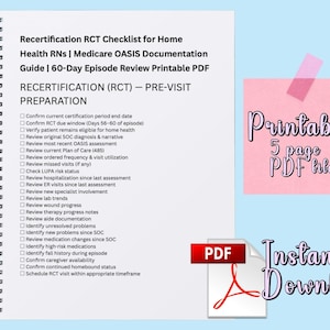 Puede incluir: Una lista de verificación con espiral titulada "Recertification RCT Checklist for Home Health RNs" con una nota adhesiva rosa que dice "Printable 5 page PDF file" y un icono PDF con las palabras "Instant Download".