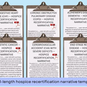 May include: Six documents on clipboards detailing hospice recertification narratives for conditions like COPD and end-stage renal disease. The text is on a light blue background, with a banner stating '25 full-length hospice recertification narrative templates'.