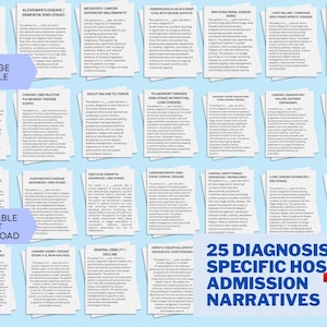 May include: A light blue image with 25 diagnosis-specific hospice admission narratives. Each narrative is on a white paper. The image also includes the text "37 PAGE PDF FILE" and "PRINTABLE INSTANT DOWNLOAD".