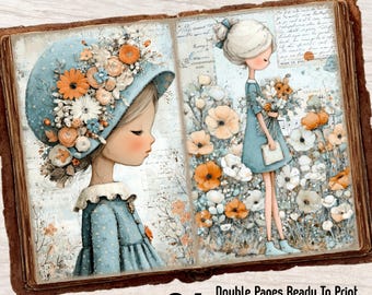Blue Flower Girls Double Junk Journal Pages Kit – Watercolor Floral for Scrapbooking, Printable Download