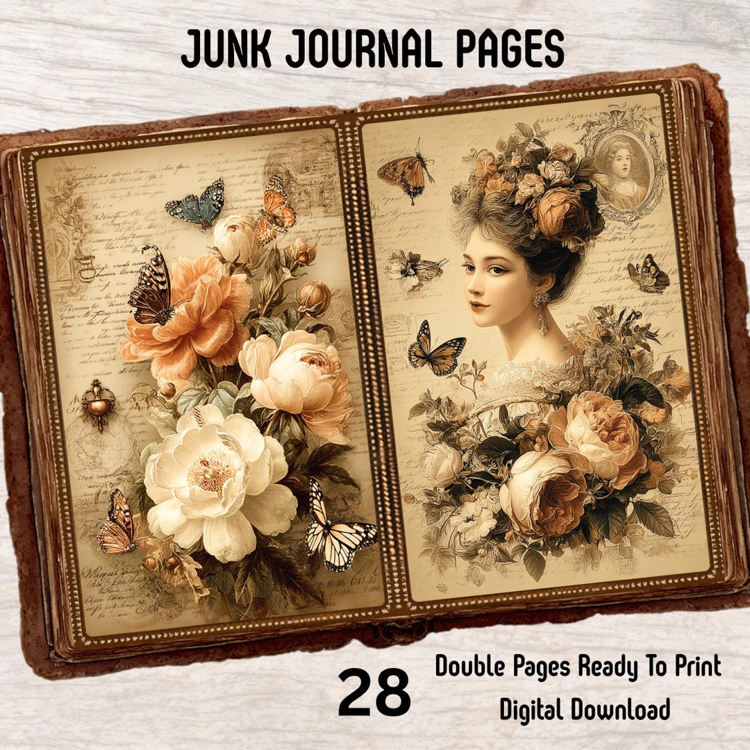 Antique Butterfly Lady Double Junk Journal Pages, Edwardian Shabby Chic ...