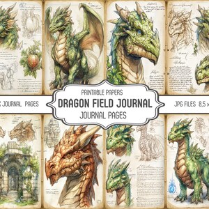 以下が含まれることがあります： デジタル印刷可能な用紙。ドラゴンのイラストとスケッチが特徴です。ページは、羊皮紙のような背景を持つヴィンテージな美学を持っています。画像には「Dragon Field Journal」と「Junk Journal Pages」と書かれています。画像サイズは21.59 x 27.94 cmです。