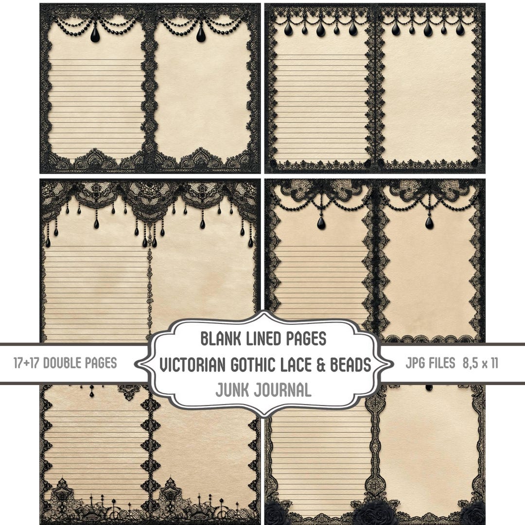 Gothic Black Lace Double Junk Journal Pages, Printable Blank and Lined ...