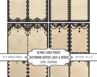 Puede incluir: Seis páginas en blanco con líneas de estilo vintage. Cada página presenta un borde de encaje negro con detalles de cuentas. Las páginas son de color beige con líneas negras. El texto "BLANK LINED PAGES VICTORIAN GOTHIC LACE & BEADS JUNK JOURNAL JPG FILES 8,5 x 11" es visible.