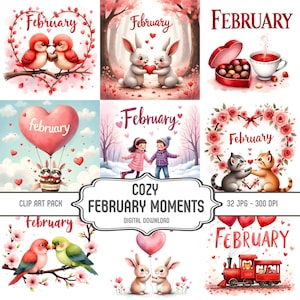 Könnte beinhalten: Eine Sammlung digitaler Clip-Art-Bilder zum Valentinstag. Die Bilder zeigen Vogelpaare, Kaninchen und andere Tiere, zusammen mit Herzen, Luftballons und dem Wort "Februar". Der Satz "Cozy February Moments" ist ebenfalls vorhanden.