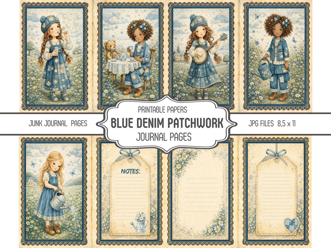 Blue Denim Patchwork Girls Junk Journal Pages, Junk Journal Kit ...
