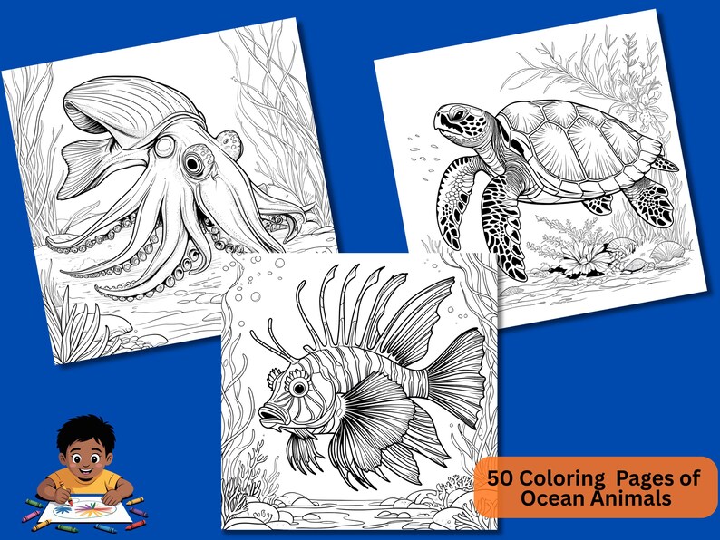 50 Pages Ocean Animals Coloring Book for Kids – Printable PDF - Etsy