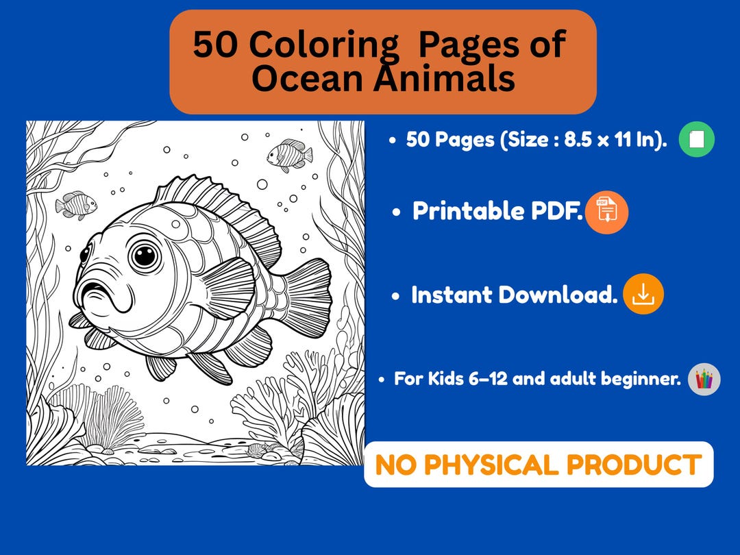 50 Pages Ocean Animals Coloring Book for Kids – Printable PDF - Etsy