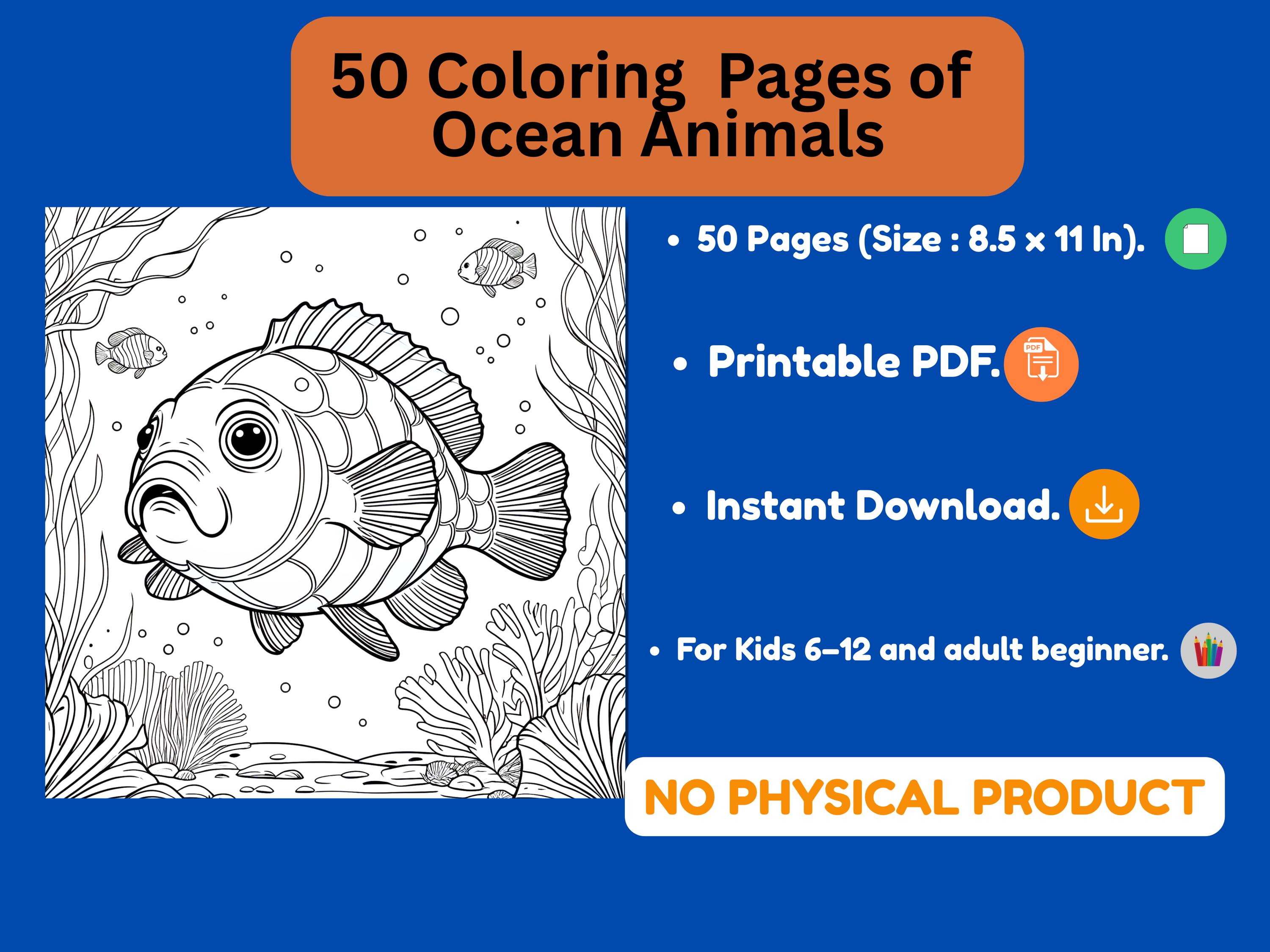 50 Pages Ocean Animals Coloring Book for Kids – Printable PDF - Etsy