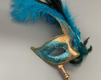Turquoise Gold Feather Masquerade Mask with Handle: Silk Floral, Rhinestones