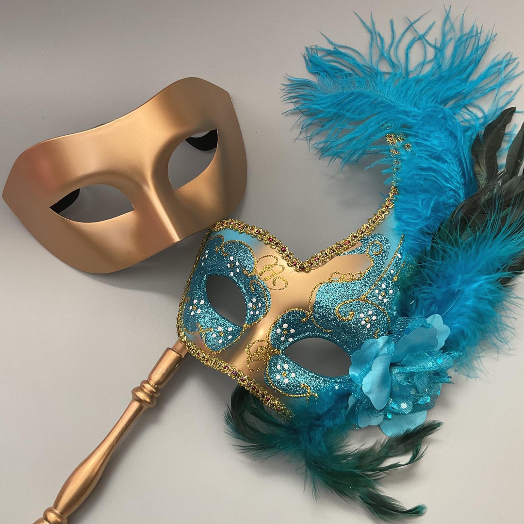 Turquoise Gold Feather Masquerade Mask With Handle: Silk Floral ...