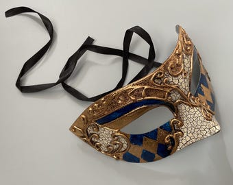 Harlequins goudblauw maskerademasker: klassiek baloogmasker kostuum